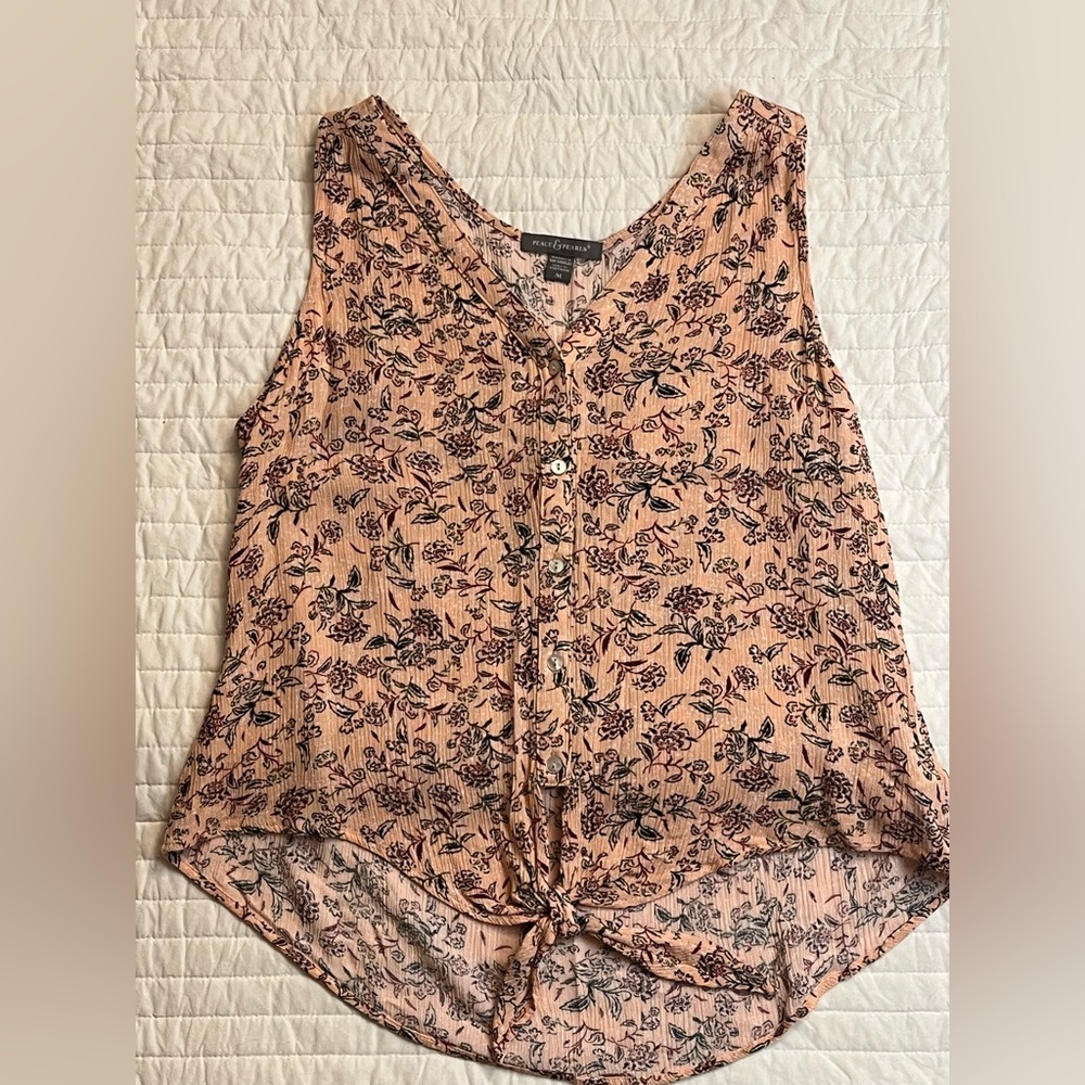 Peace & Pearls button front floral print sleeveless top